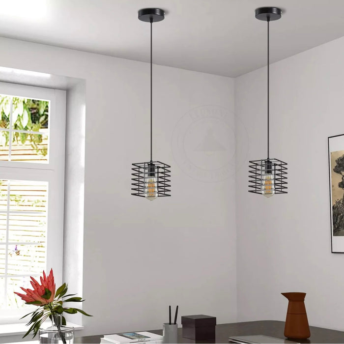 Vintage Ceiling Pendent Light Lampshade Industrial Black Metal Wire Cage Lamps