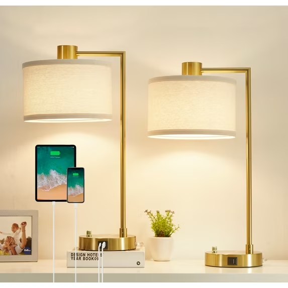 Gold Color Modern Accent Table Lamp 21" High with USB and AC Power Outlet in Base Brass White Linen Drum Shade