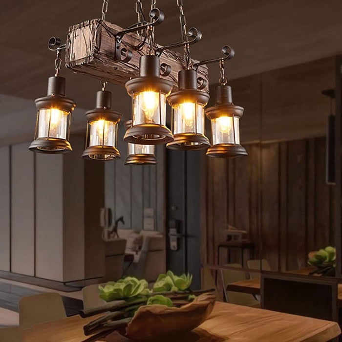 E27 American Style Industrial Style Chandelier,Nostalgic Solid Wood Lamps,Creative Retro Personality Wood Chandelier,Restaurant Bar Bar Café-Wood and black 55 * 100cm
