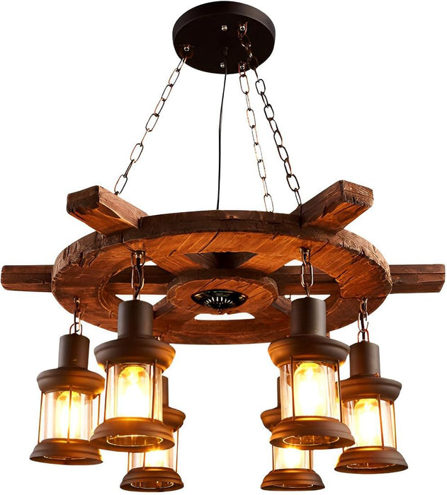 Retro Industrial Chandeliers, 8-Head Wooden Horse Wheel Chandelier, Bar Hanging Adjustable Lighting, Round Kitchen Island Light, for Dining Room Living Room Foyer Porch 28in