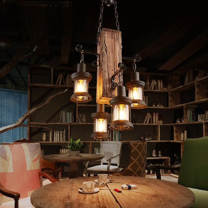 Rustic Wood Block & Iron 4 Lamp Pendant Chandelier