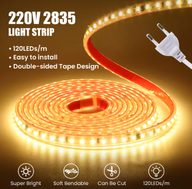 AC 220V LED Strip 3000K 4000K 6000K 120Leds/M Flexible Ribbon Stripe IP65 Waterproof Self Adhesive Tape Strip Chain Light