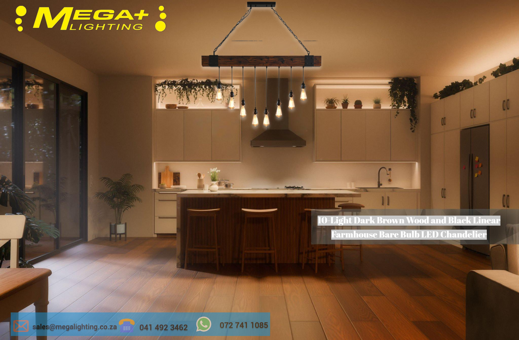 10-Light Dark Brown Wood and Black Linear Farmhouse Bare Bulb LED Chandelier, Large Linear Modern Farmhouse Chandeliers Light for Dining Room, Kitchen Island, Bedroom