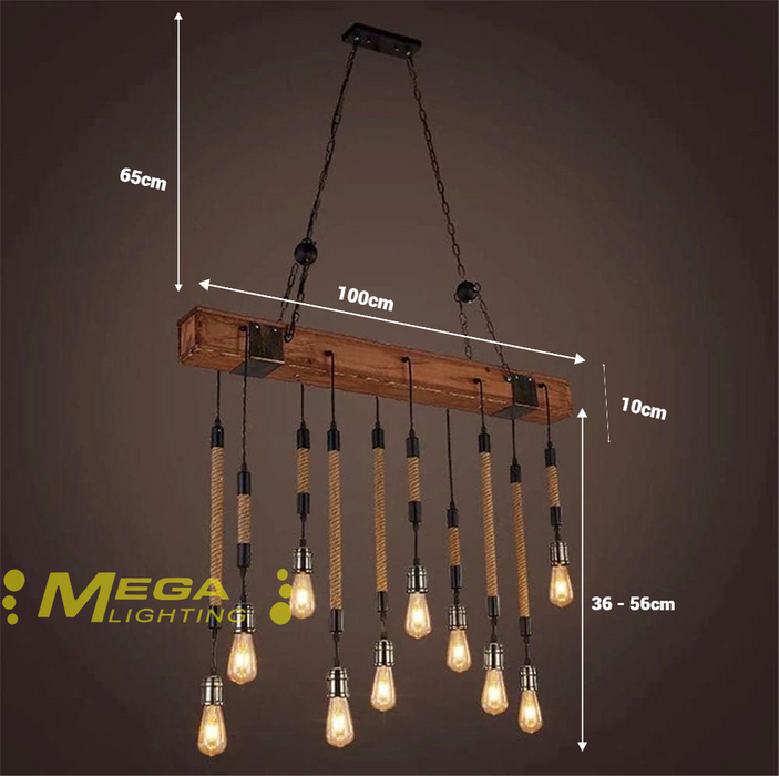 10‑Light Vintage Wooden Beam Pendant Light – Industrial Rope Hanging Chandelier | E27 Retro Edison Bulb Ceiling Lamp for Dining Table, Bar, Pub &amp; Restaurant | MEGA LIGHTING South Africa