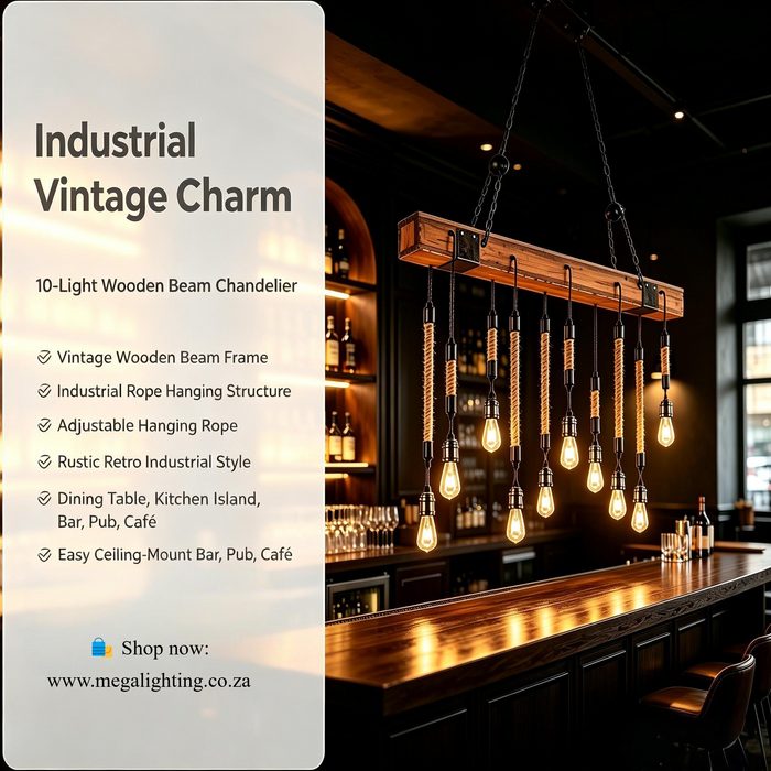 10‑Light vintage wooden beam industrial rope hanging chandelier, E27 retro Edison pendant light for dining table bar restaurant, MEGA LIGHTING South Africa