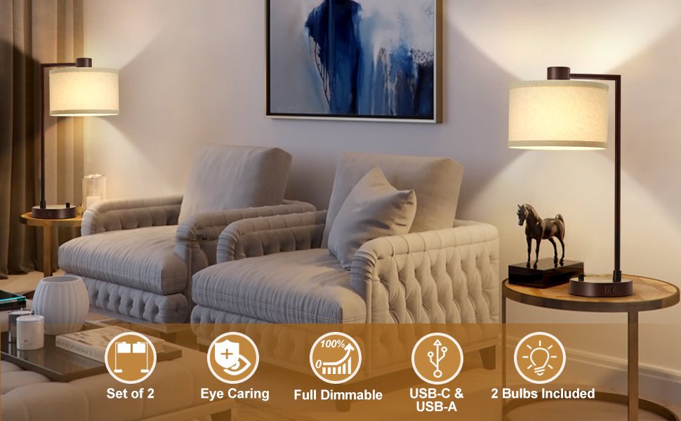 Gold Color Modern Accent Table Lamp 21" High with USB and AC Power Outlet in Base Brass White Linen Drum Shade