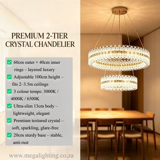 2-tier dual ring crystal LED chandelier with 60cm outer ring and 40cm inner ring, 100cm adjustable height 3-colour dimmable 3000K 4000K 6500K luxury hanging lamp for dining room living room villa lounge, MEGA LIGHTING South Africa