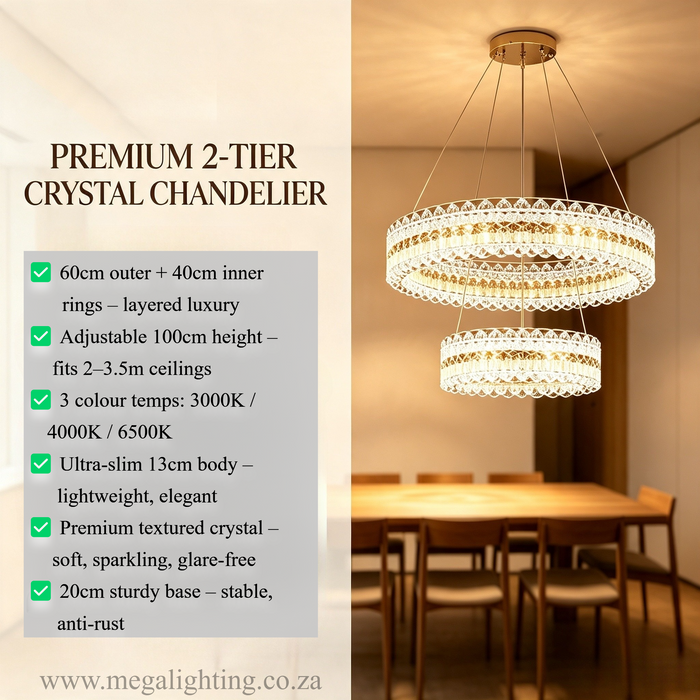 2-tier dual ring crystal LED chandelier with 60cm outer ring and 40cm inner ring, 100cm adjustable height 3-colour dimmable 3000K 4000K 6500K luxury hanging lamp for dining room living room villa lounge, MEGA LIGHTING South Africa