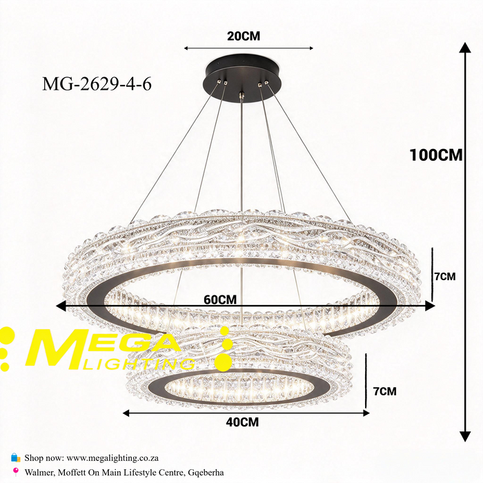 2-Tier Double Ring Crystal LED Chandelier 60/40cm 3-Colour Dimmable 100cm Adjustable Height Luxury Pendant Light MEGA LIGHTING South Africa