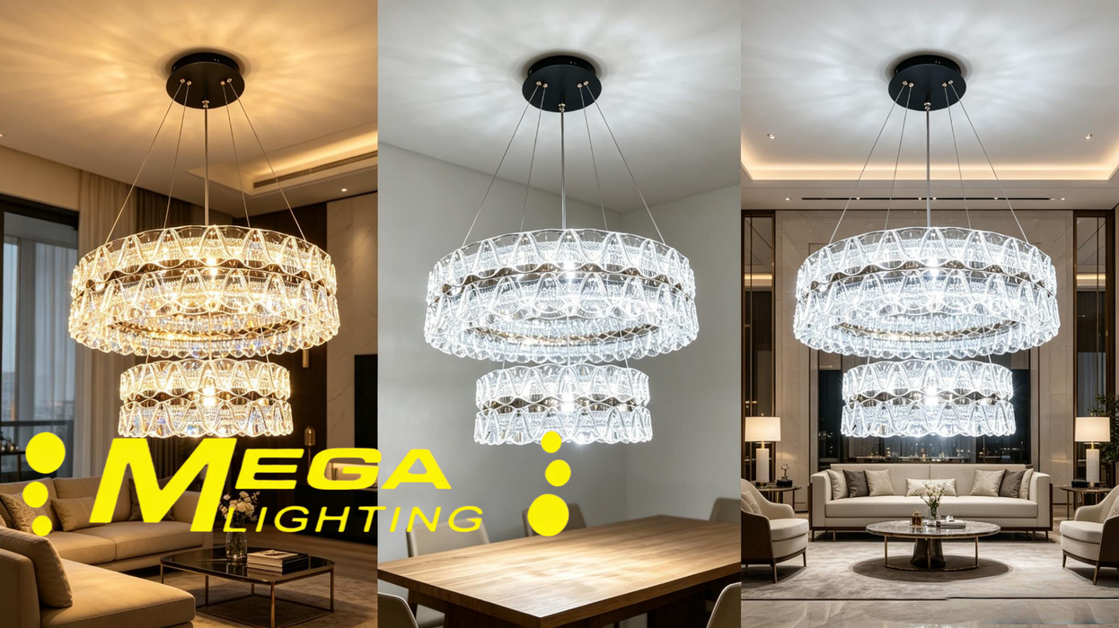 2-Tier Dual Ring Crystal LED Chandelier – 60cm Outer + 40cm Inner Rings | Adjustable Height 100cm | 3‑Colour Change (3000K / 4000K / 6500K) for Dining Room, Living Room &amp; Villa Lounge | MEGA LIGHTING South Africa