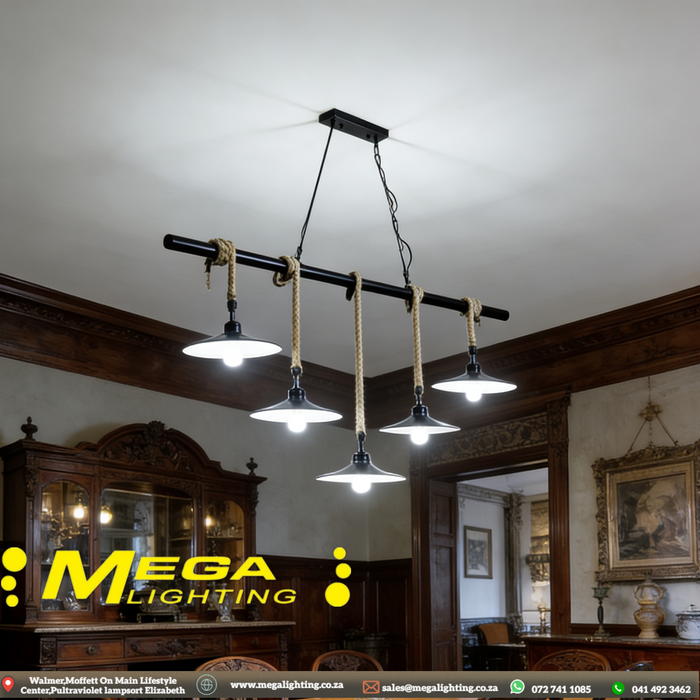 Barn Rope Swing 5-Light Industrial Linear Pendant | Black Metal Shades & Rope Suspension | South Africa | MEGA LIGHTING