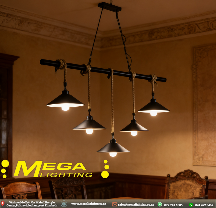 Barn Rope Swing 5-Light Industrial Linear Pendant | Black Metal Shades & Rope Suspension | South Africa | MEGA LIGHTING
