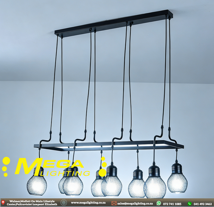 Black Industrial Metal Chandelier | E27 8-Light Adjustable Pendant Lamp | Rustic Farmhouse Hanging Light for Cafe, Bar & Dining Table | South Africa | MEGA LIGHTING