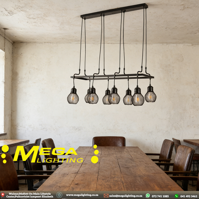 Black Industrial Metal Chandelier | E27 8-Light Adjustable Pendant Lamp | Rustic Farmhouse Hanging Light for Cafe, Bar & Dining Table | South Africa | MEGA LIGHTING