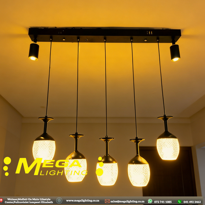 5-Light Linear Pendant with Track Spotlights – Wine Glass Design | South Africa | Mega Lighting