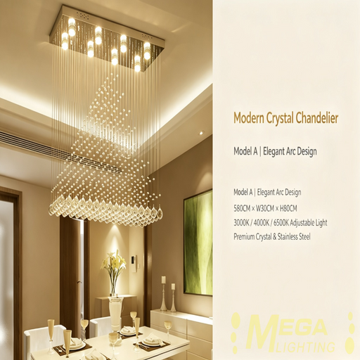 Modern rectangle crystal LED chandelier L80×W30×H80cm, 3-colour dimmable 3000K 4000K 6500K adjustable hanging height luxury pendant lamp for dining room living room, MEGA LIGHTING South Africa