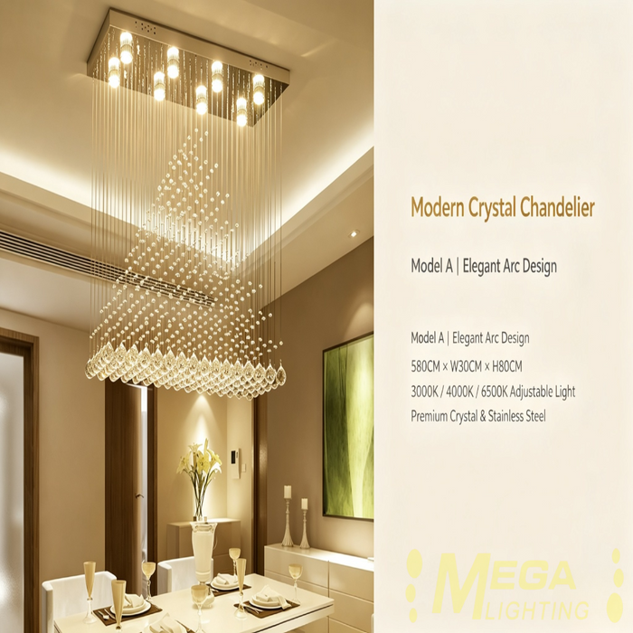 Modern rectangle crystal LED chandelier L80×W30×H80cm, 3-colour dimmable 3000K 4000K 6500K adjustable hanging height luxury pendant lamp for dining room living room, MEGA LIGHTING South Africa