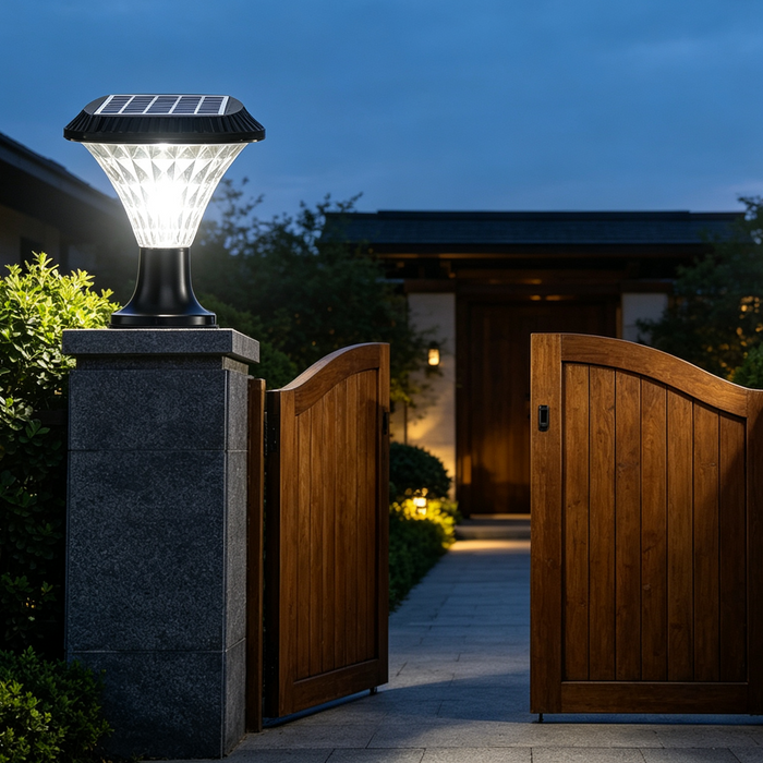 20W solar pillar post light diamond‑cut transparent shade pillar‑top mount no‑wiring MEGA LIGHTING South Africa