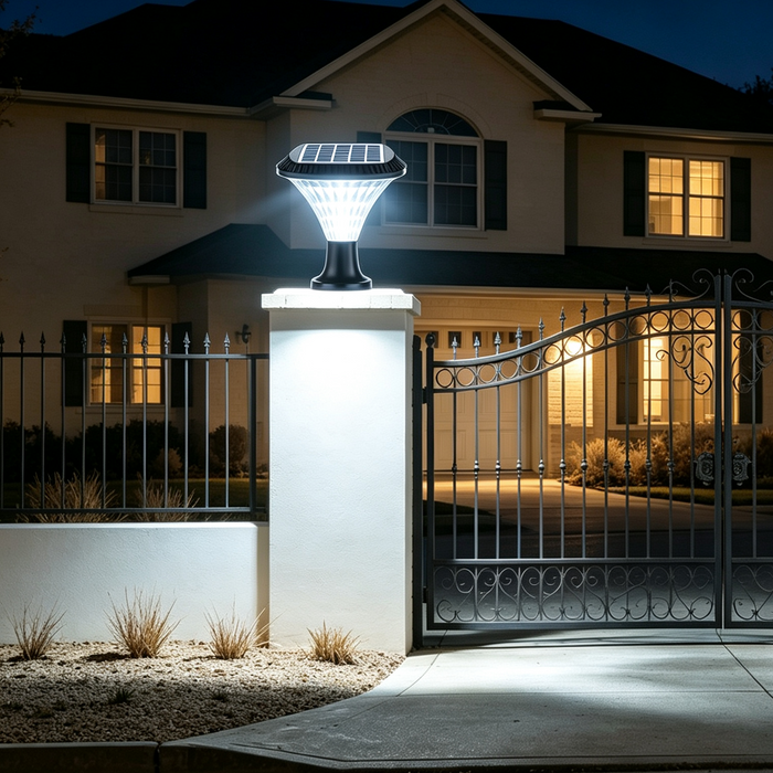 20W solar pillar post light diamond‑cut transparent shade pillar‑top mount no‑wiring MEGA LIGHTING South Africa