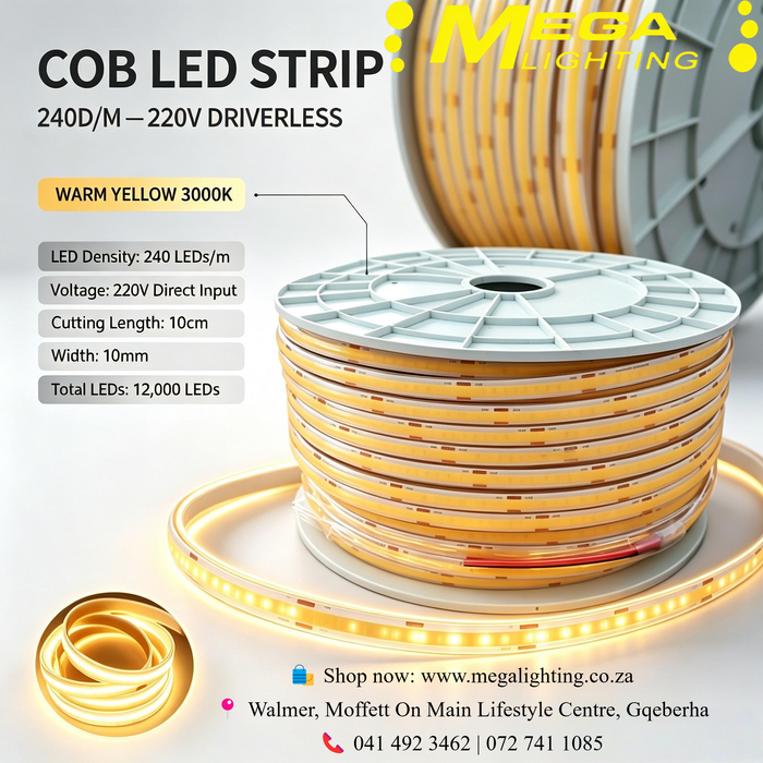 220V COB LED strip light 240 LEDs‑per‑metre no‑driver cuttable‑10cm 10‑mm silicone flexible linear light MEGA LIGHTING South Africa