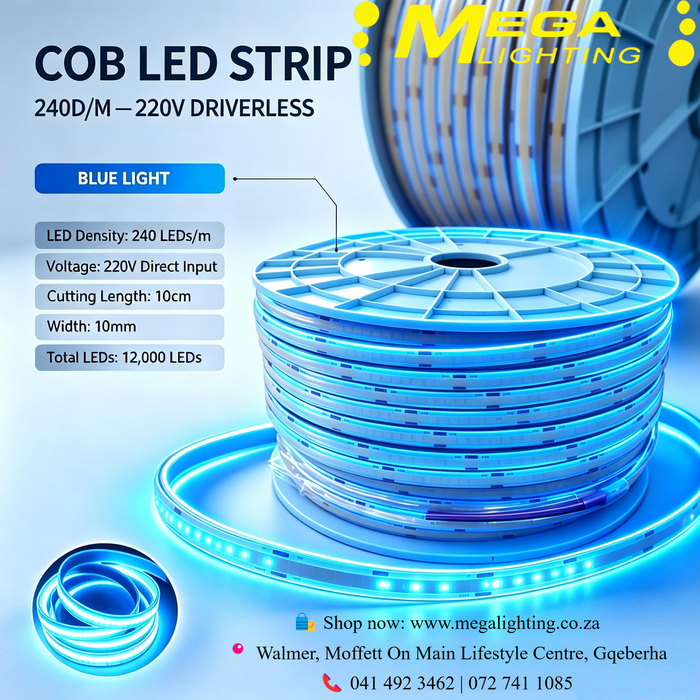220V COB LED strip light 240 LEDs‑per‑metre no‑driver cuttable‑10cm 10‑mm silicone flexible linear light MEGA LIGHTING South Africa
