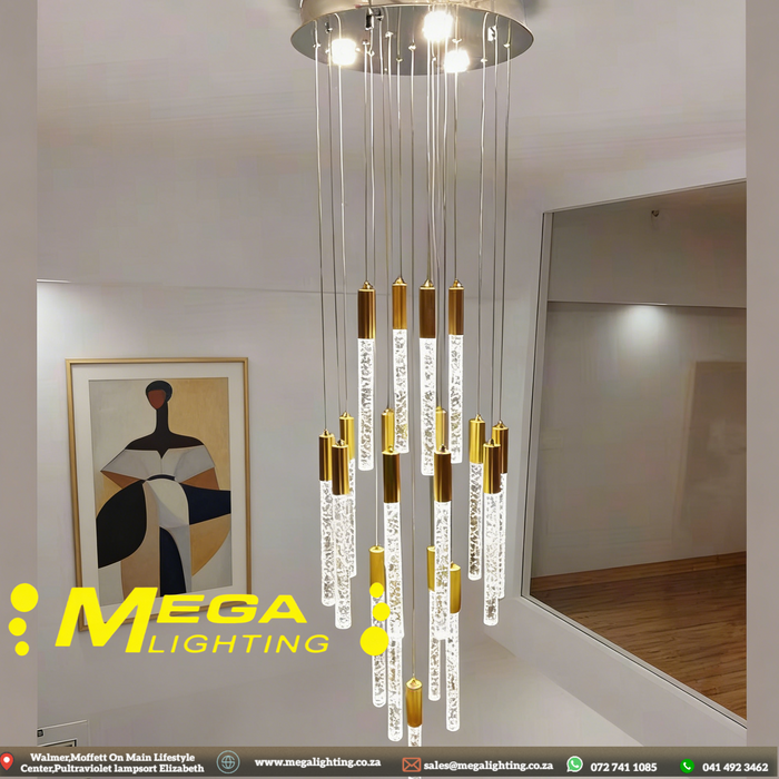 23+4-Light Modern Gold Crystal Chandelier 2.5m | Nordic Long LED Pendant for Loft Staircase Living Room | South Africa | MEGA LIGHTING