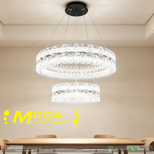 2-Tier Dual-Ring Crystal LED Chandelier 60cm+40cm, 3-colour switchable luxury crystal ring light MEGA LIGHTING South Africa