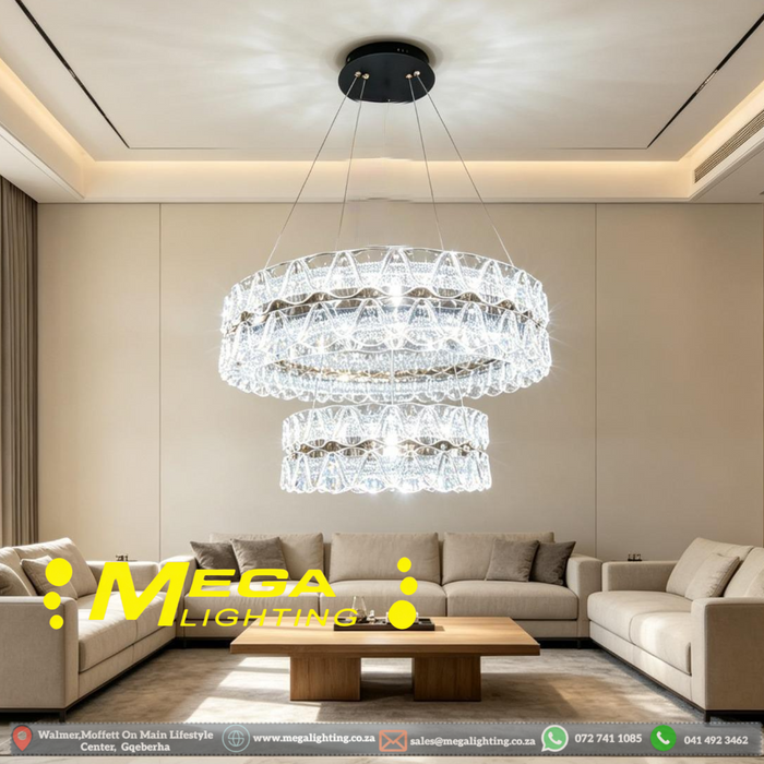 2-Tier Dual-Ring Crystal LED Chandelier 60cm+40cm, 3-colour switchable luxury crystal ring light MEGA LIGHTING South Africa