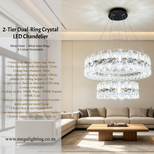 2-Tier Dual-Ring Crystal LED Chandelier 60cm+40cm, 3-colour switchable luxury crystal ring light MEGA LIGHTING South Africa