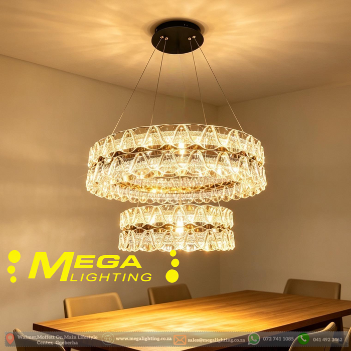 2-Tier Dual-Ring Crystal LED Chandelier 60cm+40cm, 3-colour switchable luxury crystal ring light MEGA LIGHTING South Africa