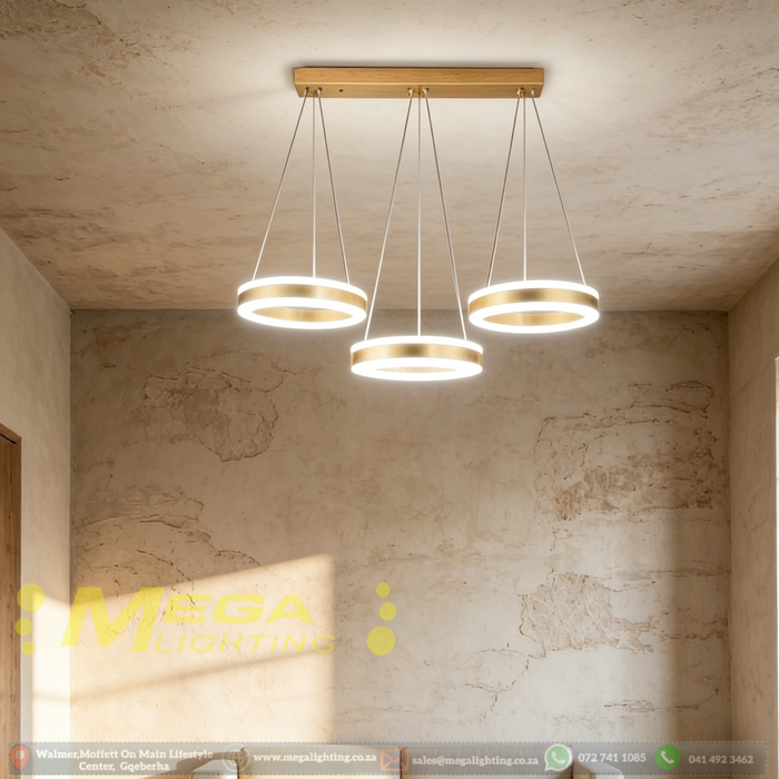 3-light gold LED pendant light, modern chandelier with three circular rings, adjustable hanging wires, 3000K/4000K/6500K dimmable light, MEGA LIGHTING South Africa

