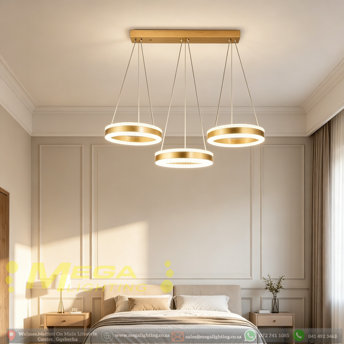 3-light gold LED pendant light, modern chandelier with three circular rings, adjustable hanging wires, 3000K/4000K/6500K dimmable light, MEGA LIGHTING South Africa

