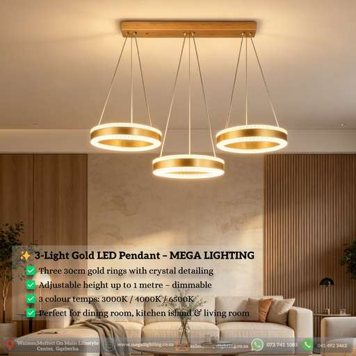 3-light gold LED pendant light, modern chandelier with three circular rings, adjustable hanging wires, 3000K/4000K/6500K dimmable light, MEGA LIGHTING South Africa

