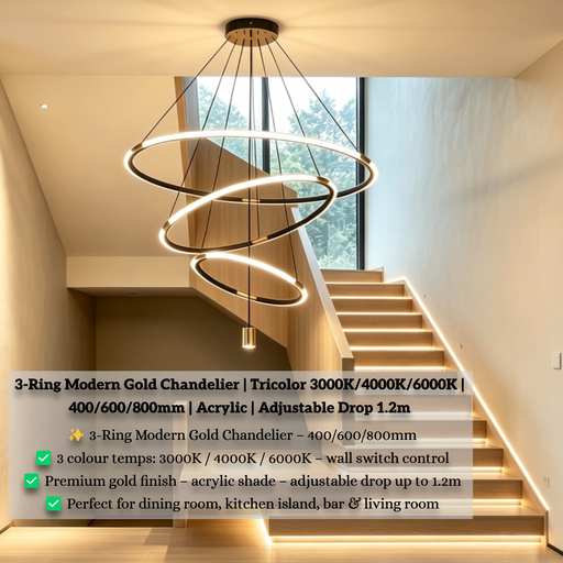 3-ring modern gold chandelier with acrylic shades, adjustable height, suspended above a dining table in warm white glow.