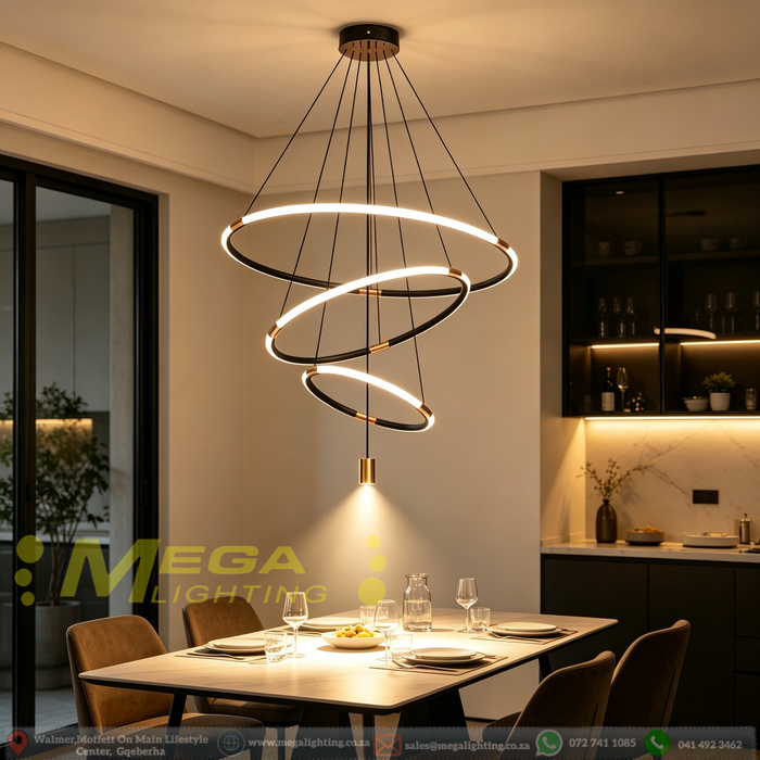 3-ring modern gold chandelier with acrylic shades, adjustable height, suspended above a dining table in warm white glow.