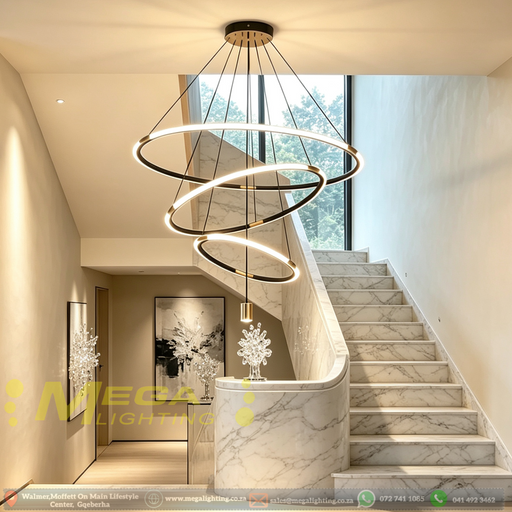 3-ring modern gold chandelier with acrylic shades, adjustable height, suspended above a dining table in warm white glow.