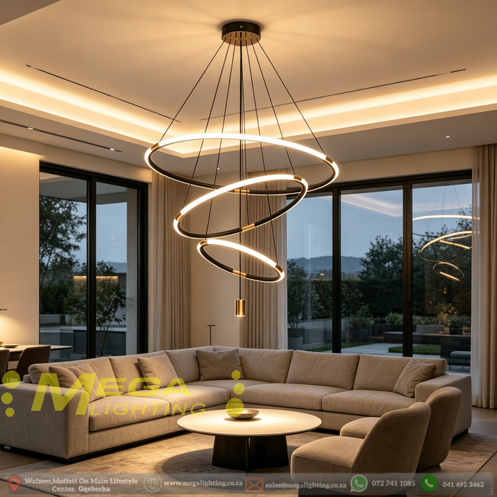 3-ring modern gold chandelier with acrylic shades, adjustable height, suspended above a dining table in warm white glow.