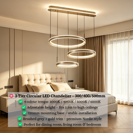 3-Light circular tiered pendant light modern round ring chandelier ring size 300mm 400mm 500mm ceiling base L720mm adjustable hanging height 3000K 4000K 6500K for living dining bedroom Mega Lighting South Africa