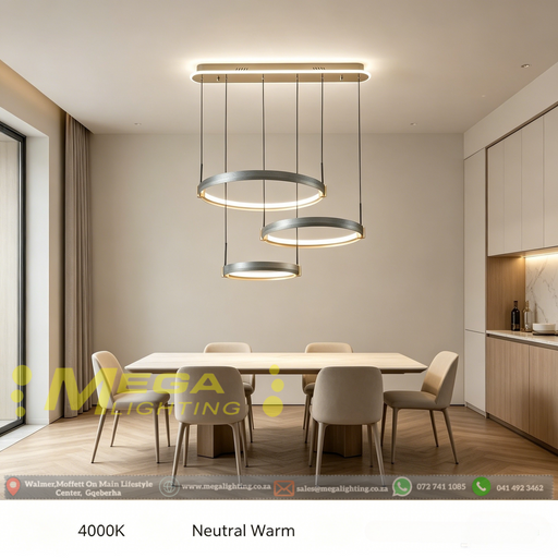 3-Light circular tiered pendant light modern round ring chandelier ring size 300mm 400mm 500mm ceiling base L720mm adjustable hanging height 3000K 4000K 6500K for living dining bedroom Mega Lighting South Africa