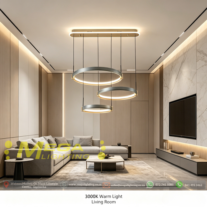3-Light circular tiered pendant light modern round ring chandelier ring size 300mm 400mm 500mm ceiling base L720mm adjustable hanging height 3000K 4000K 6500K for living dining bedroom Mega Lighting South Africa