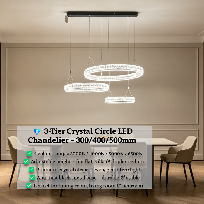 3-tier suspended circle crystal LED chandelier with 300mm, 400mm and 500mm crystal rings, warm glow in a modern dining room.