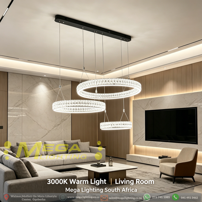3-tier suspended circle crystal LED chandelier with 300mm, 400mm and 500mm crystal rings, warm glow in a modern dining room.