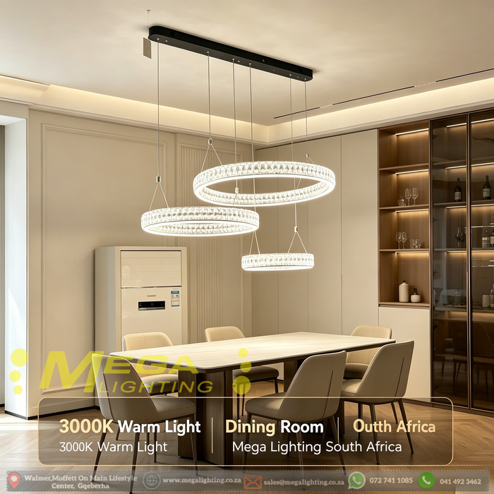 3-tier suspended circle crystal LED chandelier with 300mm, 400mm and 500mm crystal rings, warm glow in a modern dining room.