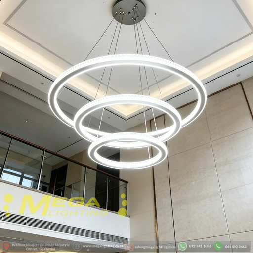 3-tier LED ring chandelier with nested 40cm, 60cm, and 80cm rings, adjustable height 1-2 meters, installed in a modern high-ceiling living room.