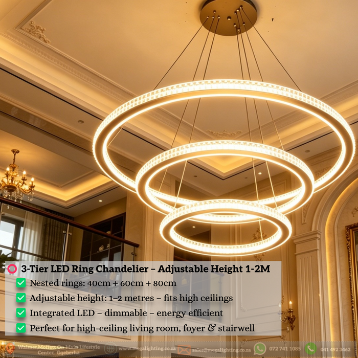 3-tier LED ring chandelier with nested 40cm, 60cm, and 80cm rings, adjustable height 1-2 meters, installed in a modern high-ceiling living room.