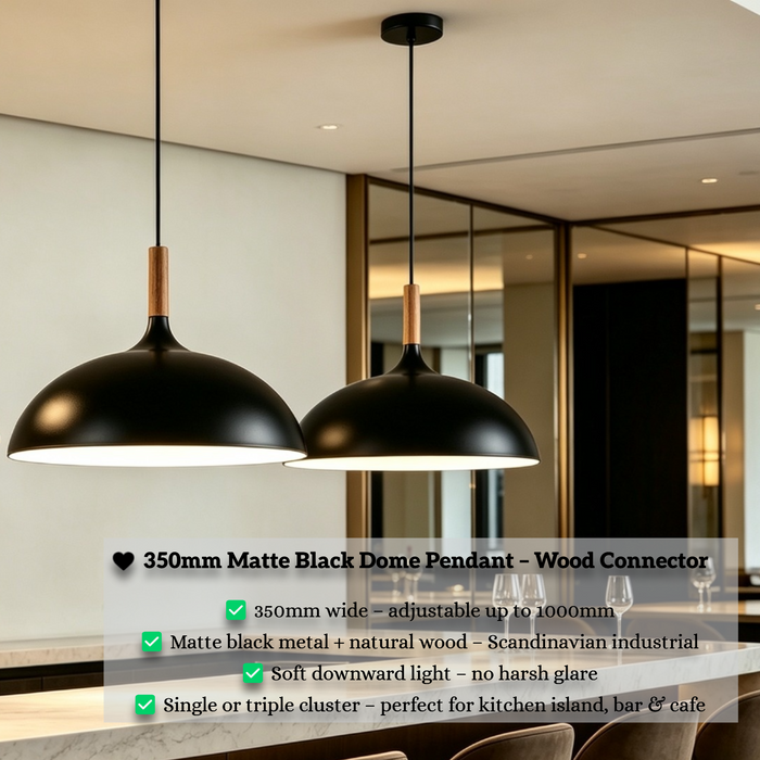 350mm matte black dome pendant light with natural wood connector, 1000mm adjustable hanging cord modern Japandi single shade lamp for kitchen island bar counter bedroom, MEGA LIGHTING South Africa