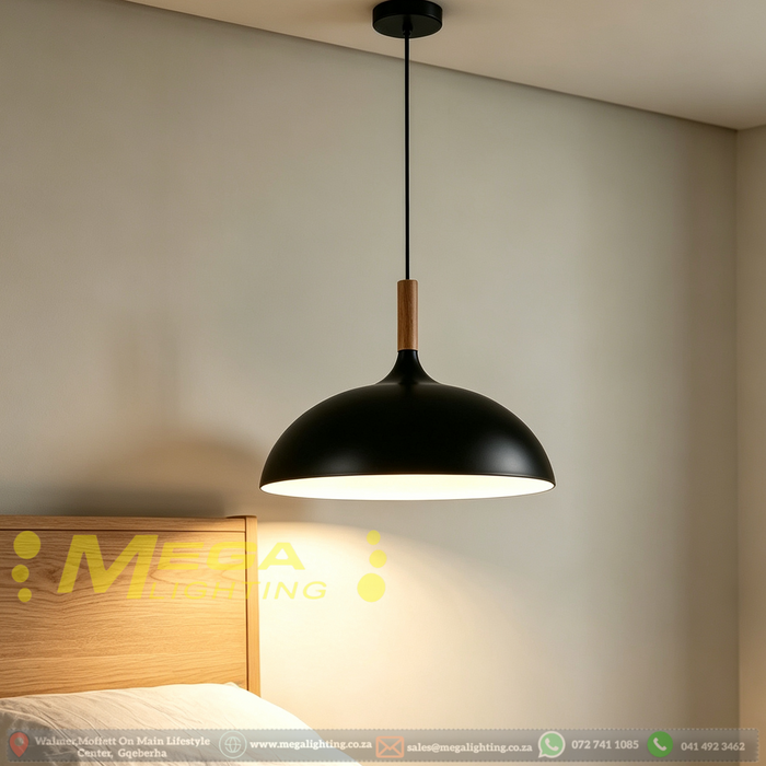 350mm matte black dome pendant light with natural wood connector, 1000mm adjustable hanging cord modern Japandi single shade lamp for kitchen island bar counter bedroom, MEGA LIGHTING South Africa