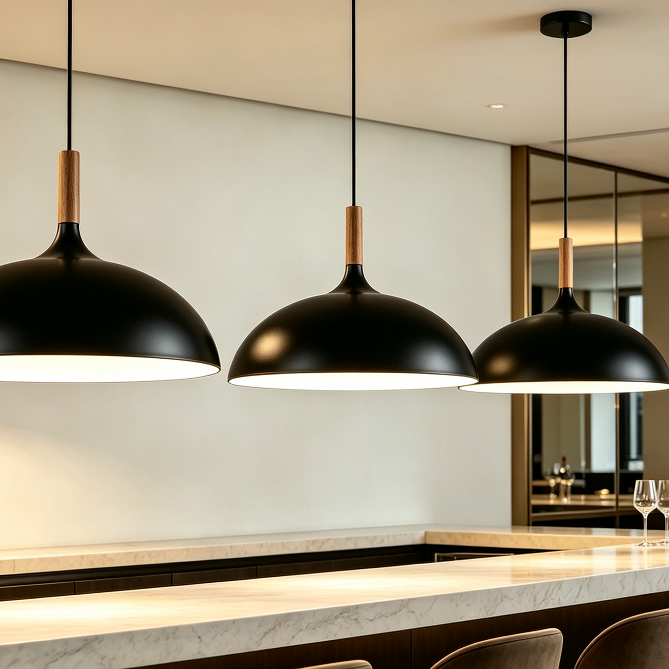 350mm Matte Black Dome Pendant Light with Natural Wood Connector | 1m Adjustable Modern Hanging Lamp 