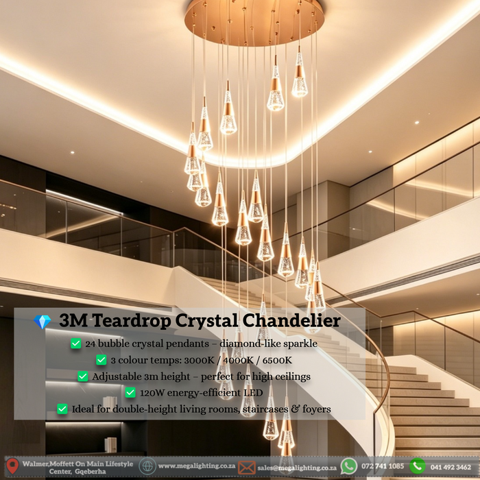 3‑Meter Teardrop Crystal Chandelier – Bubble Crystal Pendants | 3‑Colour LED | MEGA LIGHTING SA