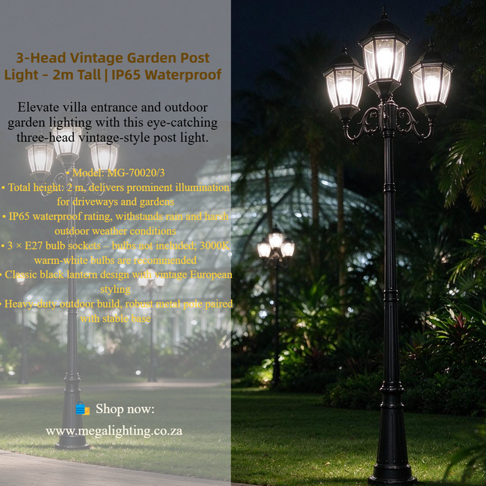 3Head Outdoor Garden Lamp – 2m Tall | IP65 Waterproof | Vintage Black Courtyard Post Light | 3 × E27 Sockets (Bulbs Not Included) for Yard, Driveway & Villa Gate | MEGA LIGHTING South Africa